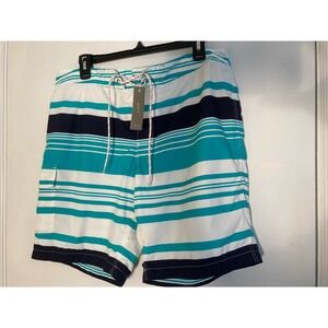 J.Crew Men's Shorts 34 Green Cargo Long Board Shorts Striped,‎ Mesh Lining #2117